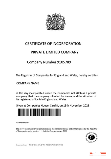 UK certificate of incorporation of a private limited company Word and PDF template, version 2